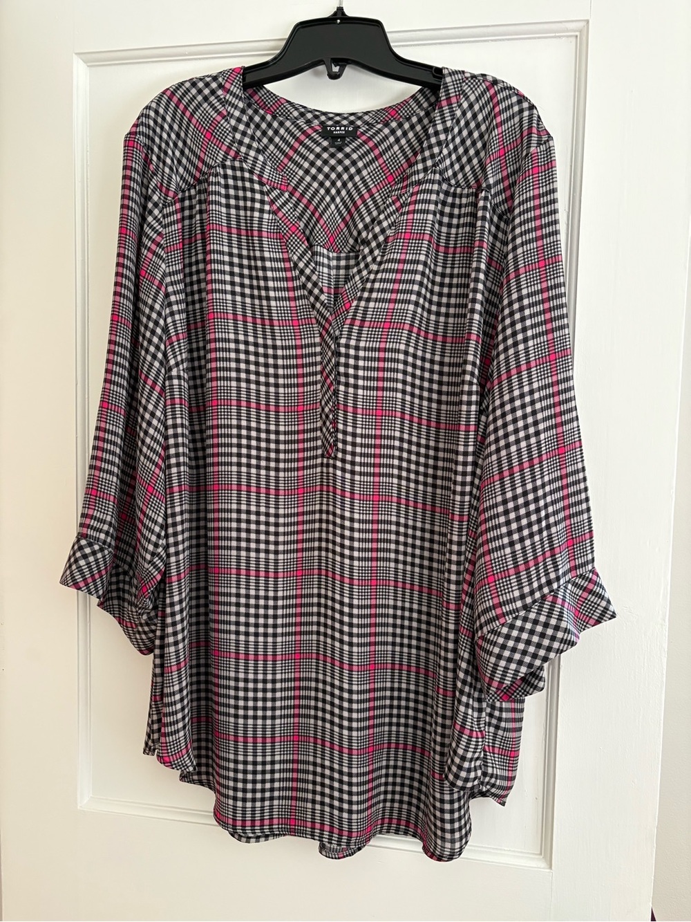 Torrid Harper Pink & Black Plaid Split-Neck Blouse